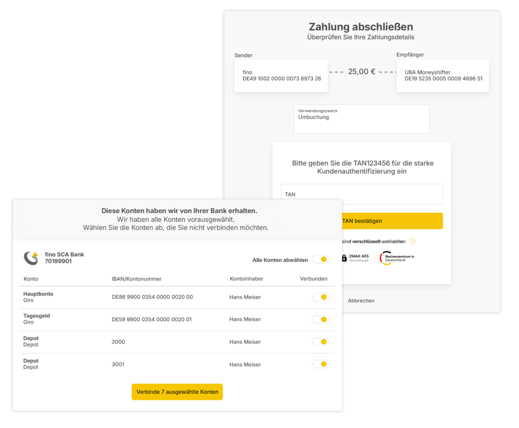 Konten verbinden und Zahlung abschließen Screen